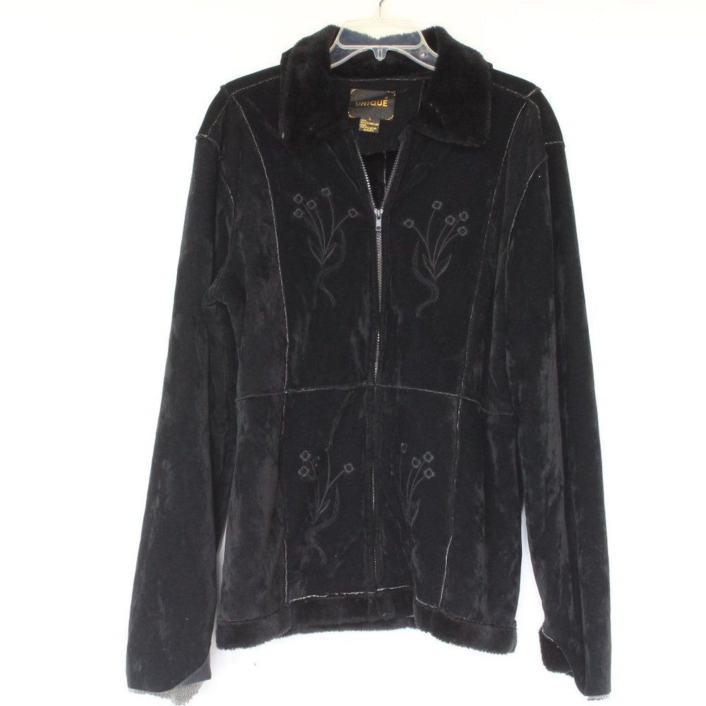 Unique Brown Faux Fur Winter Warm Jacket Floral Embroidery Size Large L